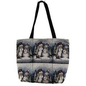 Tapestry Style Snowmen Tote‎ Shopping Book Bag 16"  Winter Holiday Christmas EUC